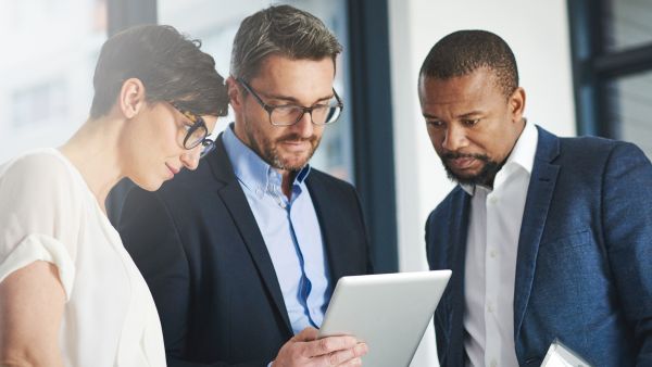 Investidores analisando comportamento do ativo financeiro no escritório para negociar um contrato no mercado de opções