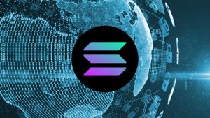 Arte conceitual de funcionamento da solana com logo da rede no centro