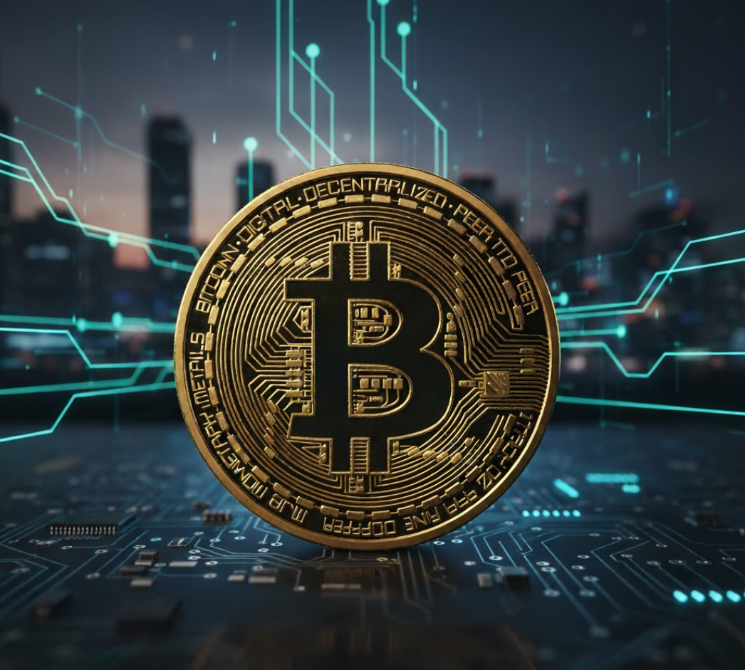 Arte representativa da criptomoeda bitcoin