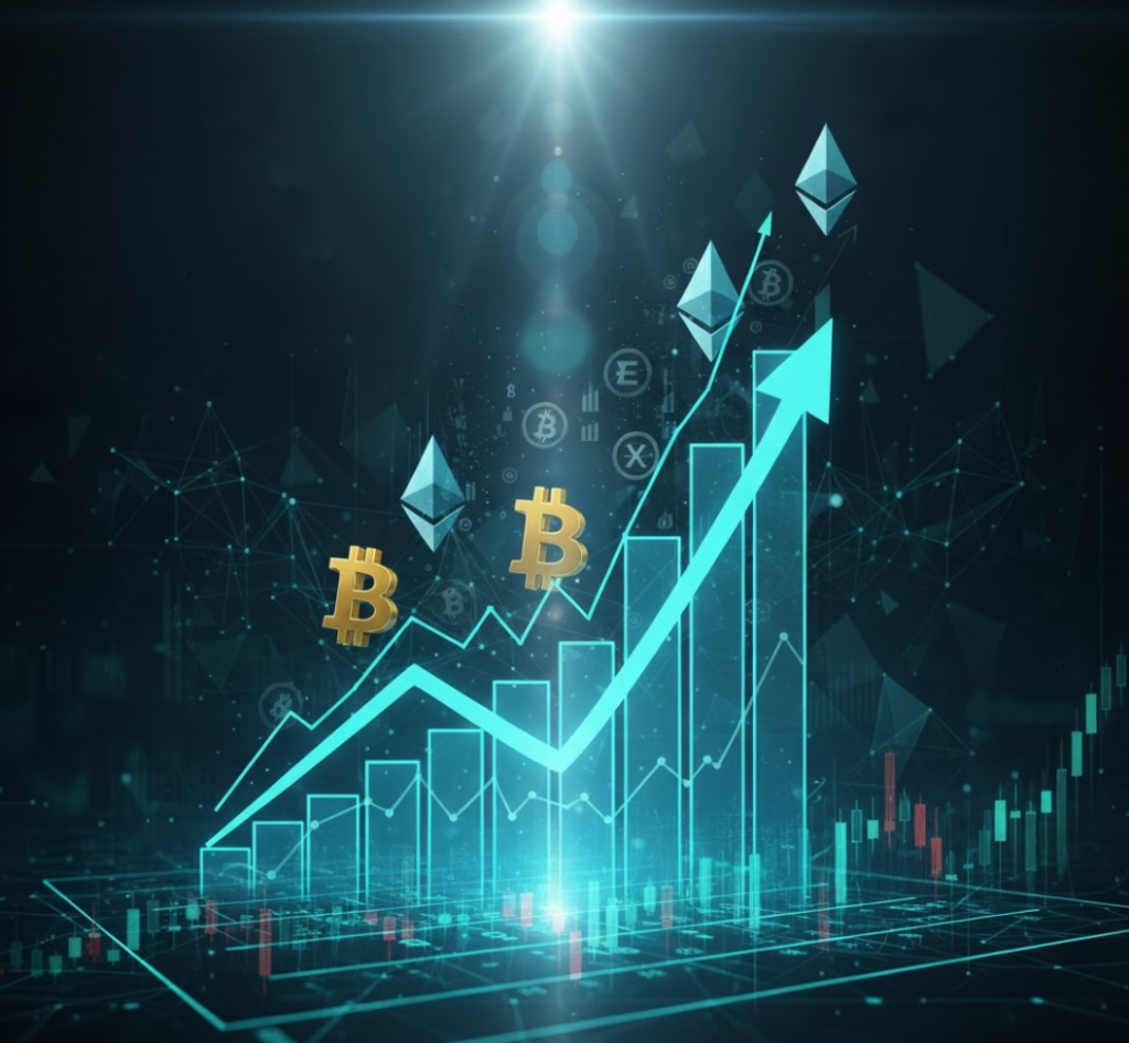 Gráfico representando crescimento de diferentes criptomoedas