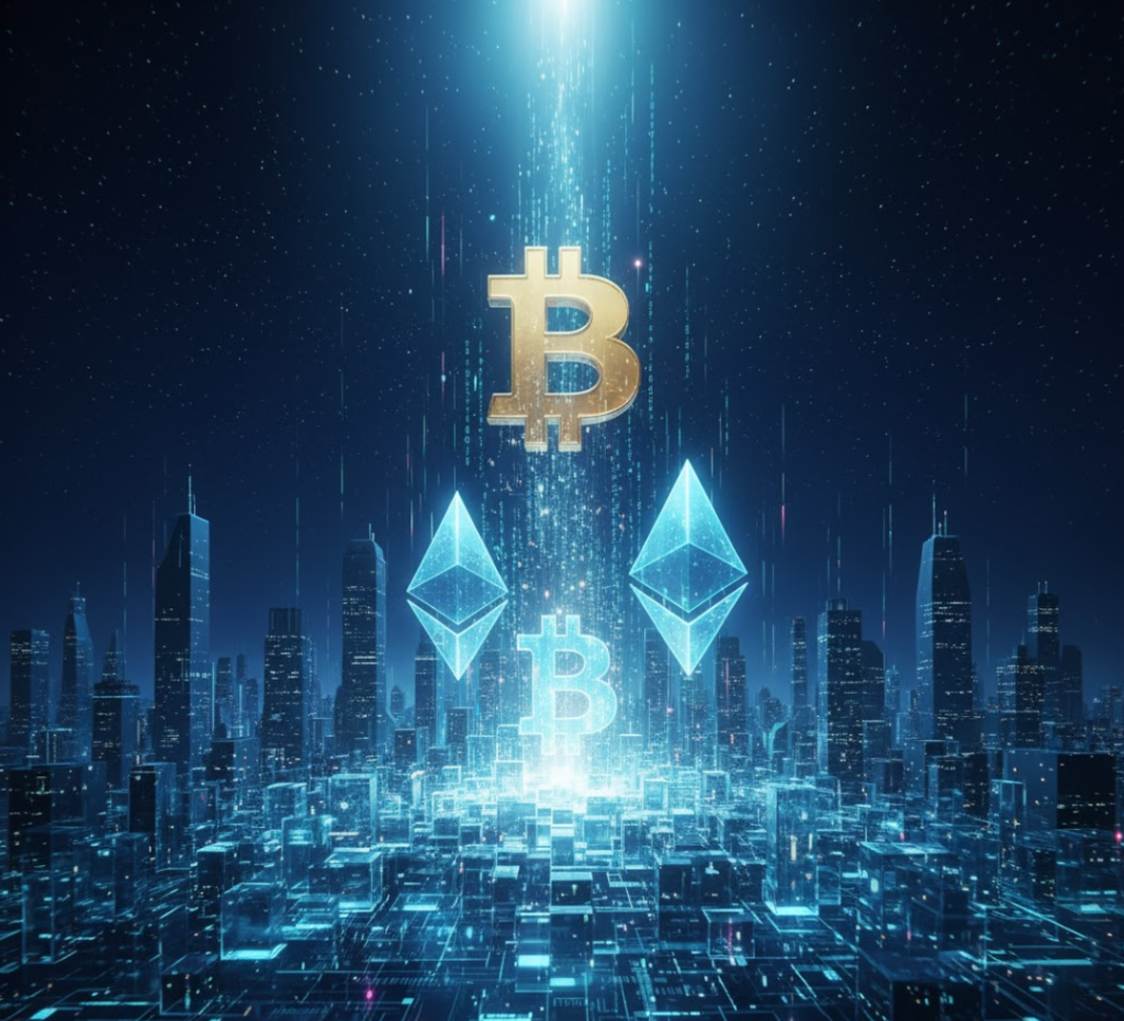 Imagem conceitual indicando crescimento de bitcoin e outras moedas digitais