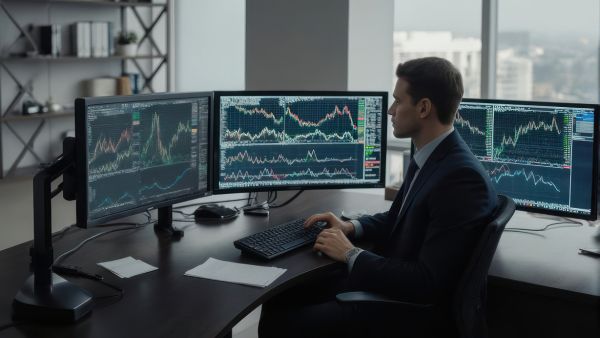 Investidor avaliando preço de ativos com home broker disponibilizado pela distribuidora em três monitores