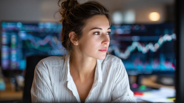 Investidora acessando área do investidor, antigo CEI, em monitor enquanto os outros estão abertos no home broker