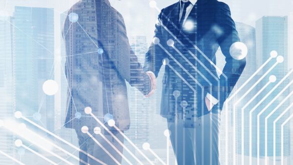 Arte conceitual de empresários com elementos de tecnologia representando grandes empresas do setor