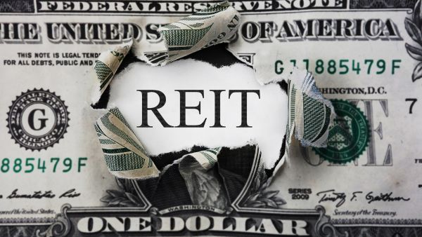 Nota de dólar rasgada no centro e aparecendo a palavra REITs no meio representando o tipo de investimento