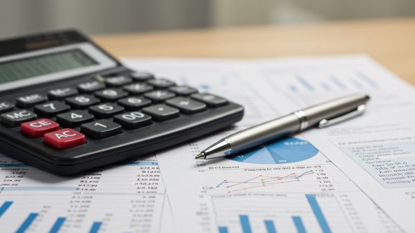 Papéis com dados, caneta e calculadora representando o acompanhamento do CPV de empresa