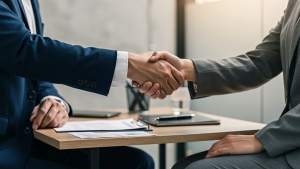 Dois homens engravatados apertando as mãos representando venda de empresa com goodwill