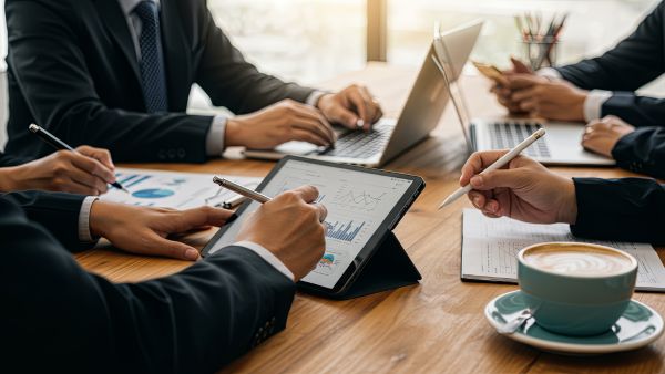 Grupo de investidores analisando múltiplos dados de empresa incluindo ativo não circulante