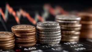 Pilhas de moedas com gráficos financeiros em fundo desfocado representando o mercado de capitais