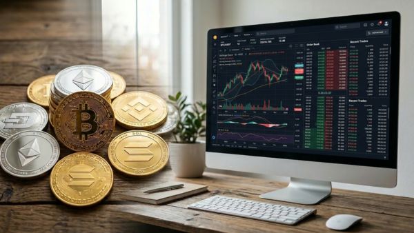 Diferentes criptomoedas ao lado de computador com gráficos de desempenho representando-investimento conjunto que a hashdex oferece